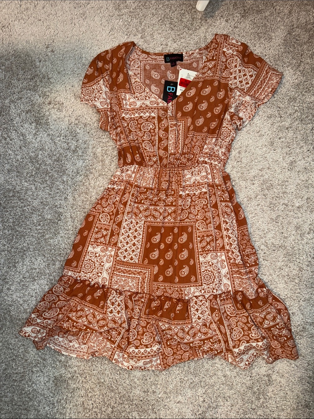 Women's Rust Patchwork Paisley Short-Sleeve Dress
